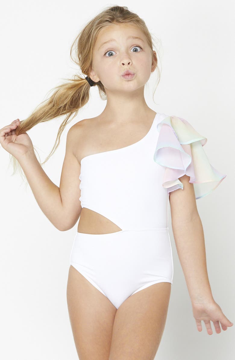 Stella Cove Side Cutout Ruffle One-Shoulder One-Piece Swimsuit, Alternate, color,