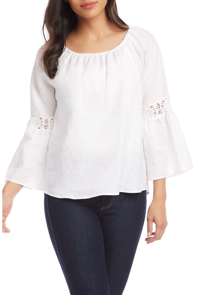 Bell Sleeve Lace Inset Linen Top, Main, color, WHITE