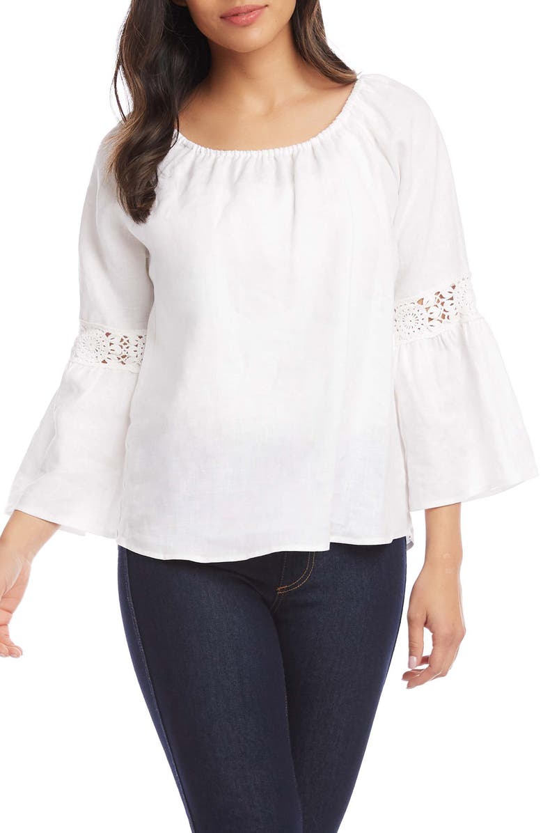 Karen Kane Bell Sleeve Lace Inset Linen Top, Main, color, 