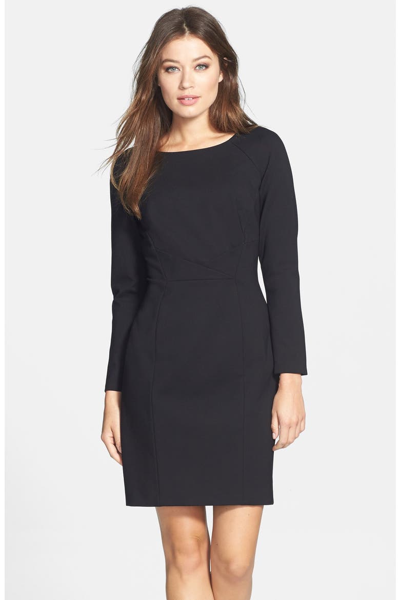 Pleat Detail Long Sleeve Ponte Sheath Dress, Main, color, BLACK