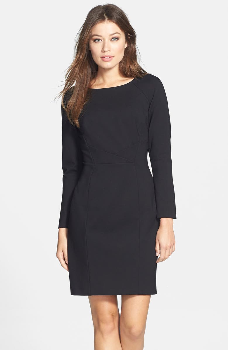 Tahari Pleat Detail Long Sleeve Ponte Sheath Dress, Main, color,