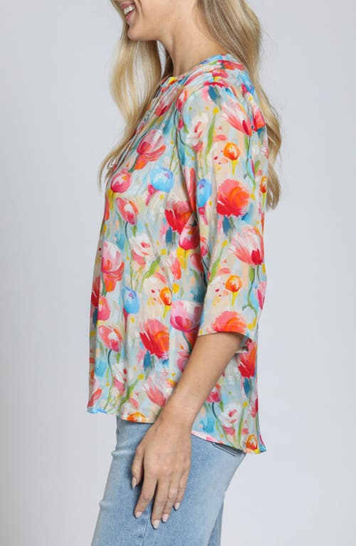 Apny Print Tassel Split Neck Chiffon Top In Pink/coral Multi