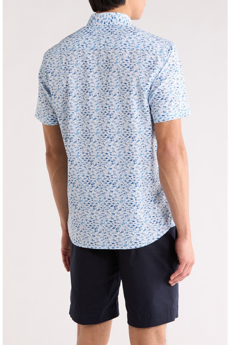 Slim Fit Fish Floral Print Short Sleeve Button-Down Shirt, Alternate, color, WHITE/ TEAL