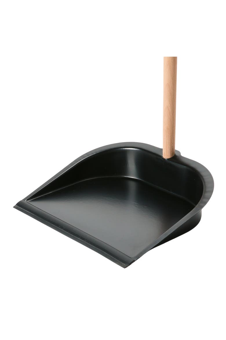 Beech Wood Broom and Standing Metal Dust Pan Set, Natural and Black, Alternate, color, Black