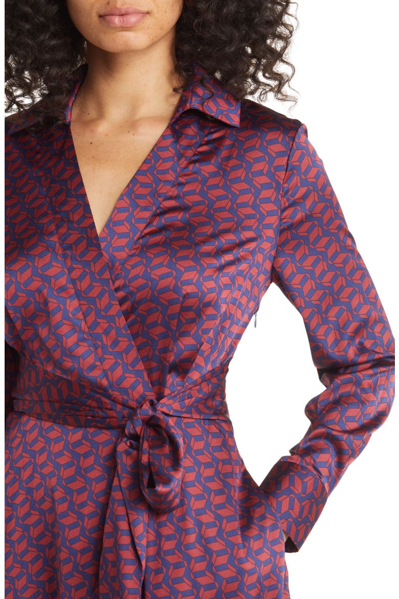 Geo Print Long Sleeve Hammered Satin Midi Shirtdress, Alternate, color, NAVY/ BLACK CHERRY