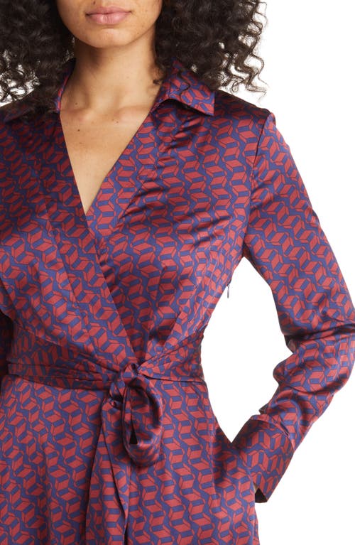 Tahari Asl Geo Print Long Sleeve Hammered Satin Midi Shirtdress In Navy/black Cherry