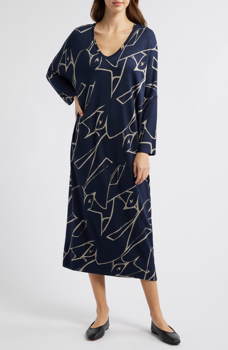 Masai Copenhagen Nyrini Print V-Neck Long Sleeve Midi Dress, Main, color, Navy Blazer