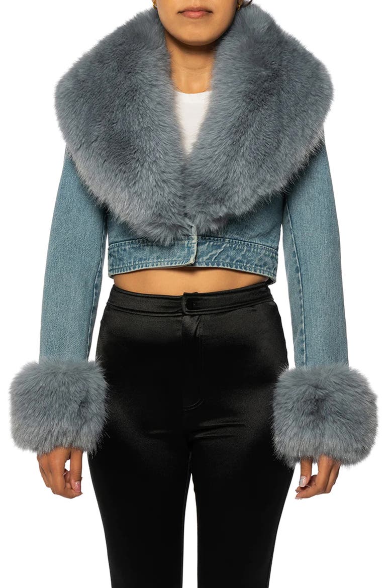 Denim Trucker Jacket with Faux Fur Cuffs & Removable Faux Fur Collar, Main, color, BLUE