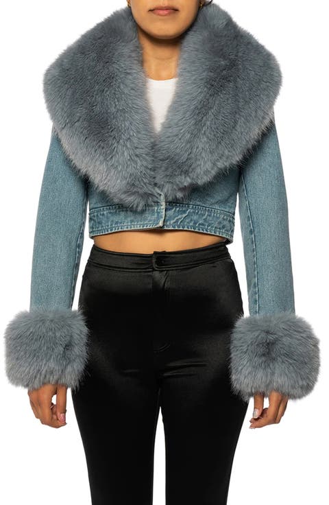 Denim Trucker Jacket with Faux Fur Cuffs & Removable Faux Fur Collar