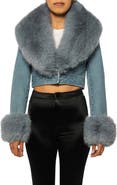 AZALEA WANG Denim Trucker Jacket with Faux Fur Cuffs & Removable Faux Fur Collar