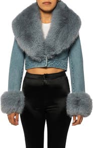 AZALEA WANG Denim Trucker Jacket with Faux Fur Cuffs & Removable Faux Fur Collar