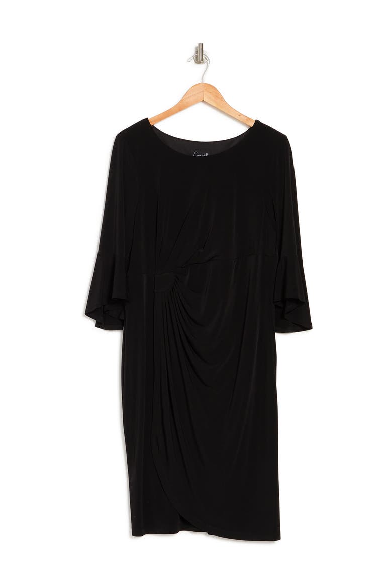 Gathered Bell Sleeve Faux Wrap Dress, Alternate, color, BLACK