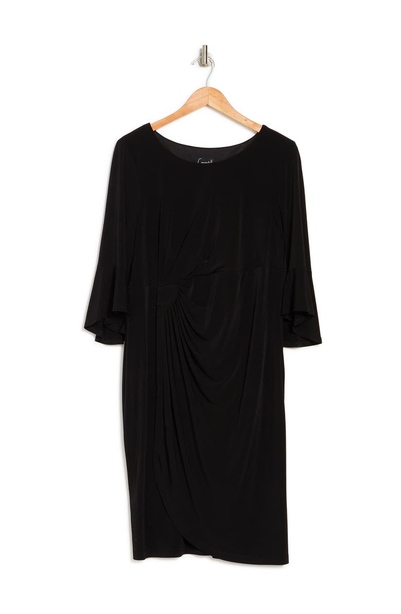 Connected Apparel Gathered Bell Sleeve Faux Wrap Dress, Alternate, color, Black