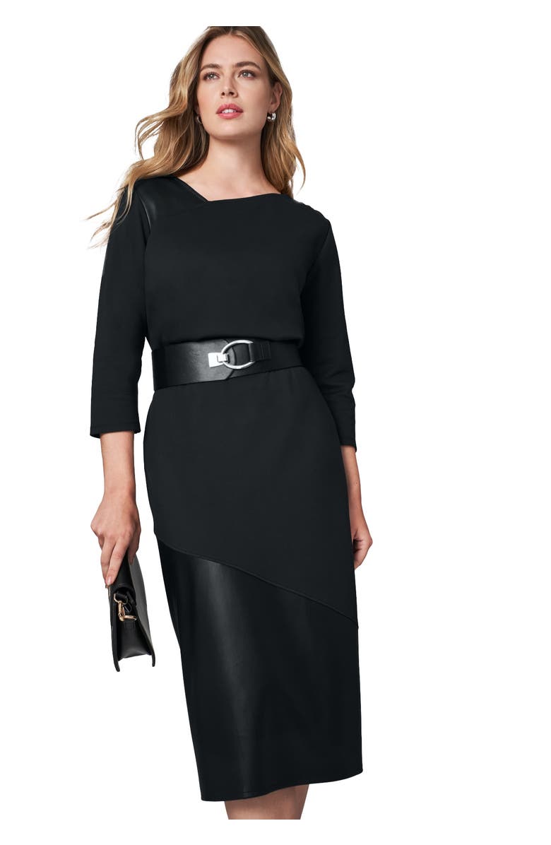 Jessica London Mixed Media Midi Skirt, Main, color, Black