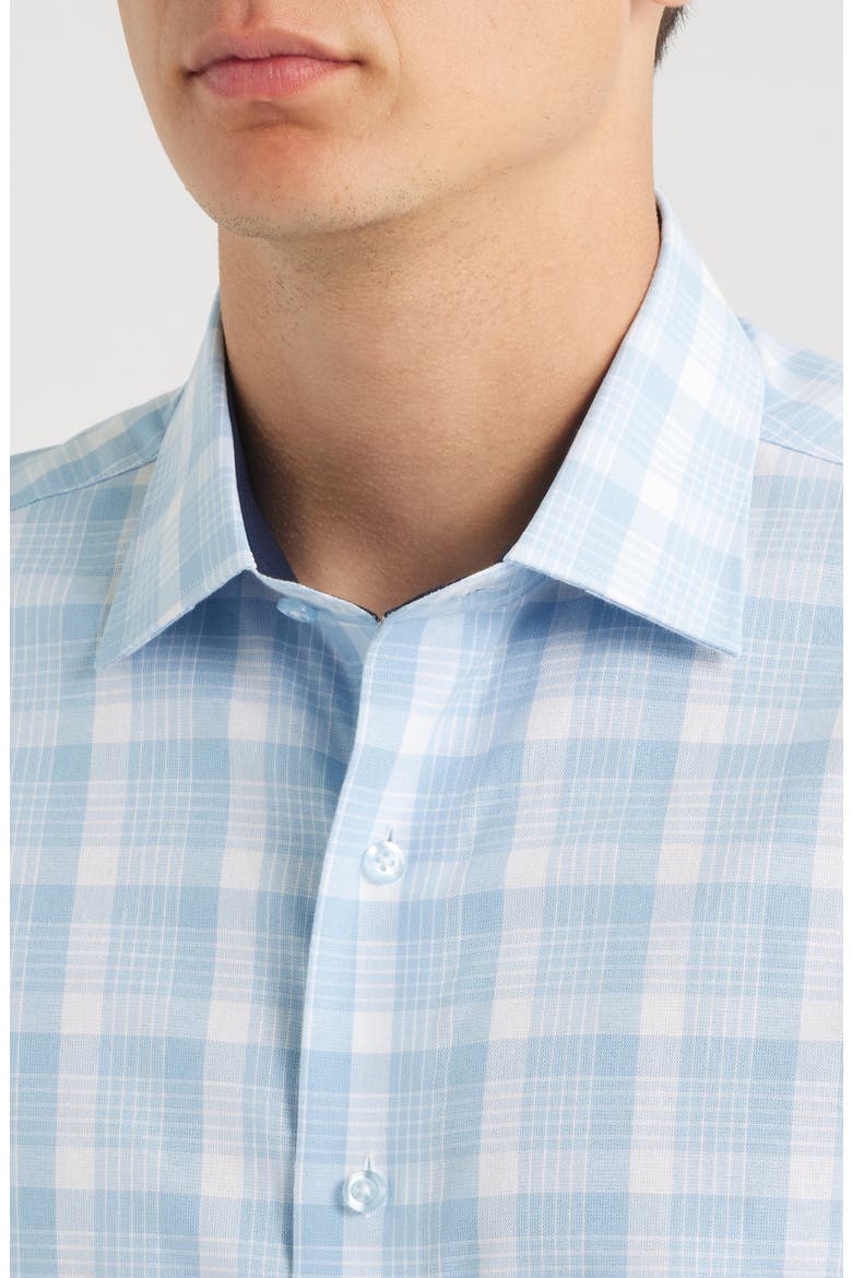 Trim Fit Plaid Check Cotton Dress Shirt, Alternate, color, LIGHT BLUE