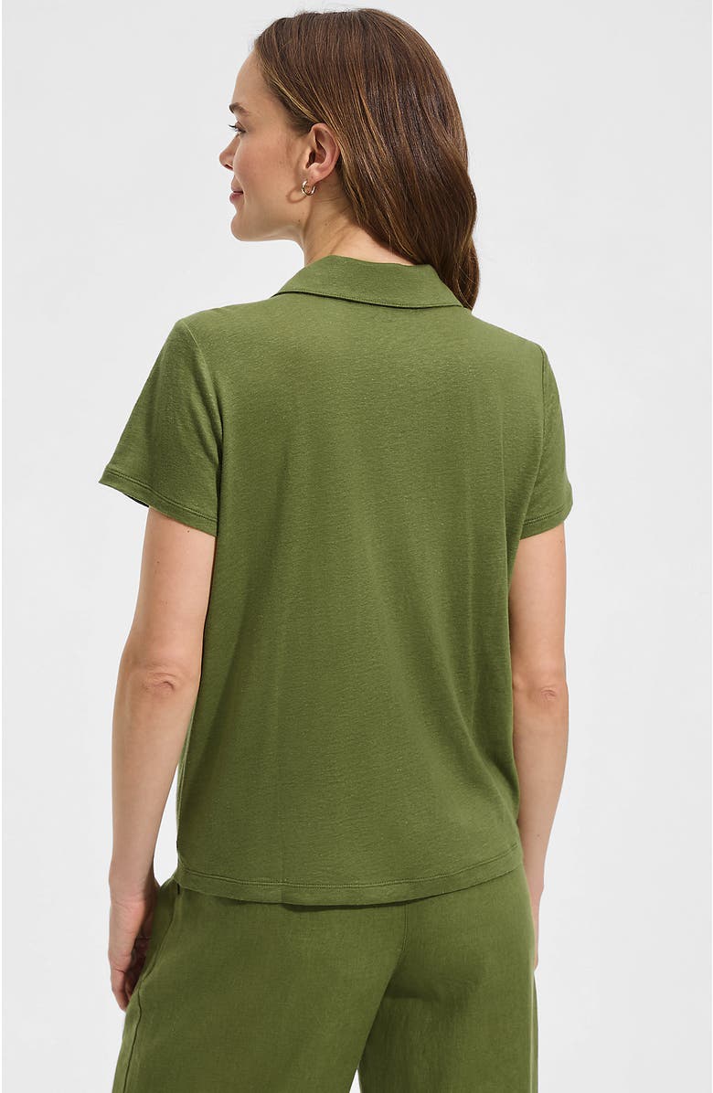 Lands' End Linen Blend Short Sleeve Button Front Polo Top, Alternate, color, Artichoke