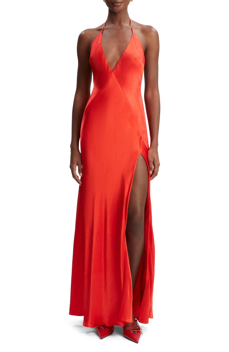 Bardot Yve Satin Halter Dress, Main, color, Fire Red