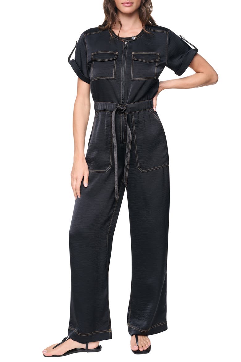 Drawstring Waist Hammered Satin Jumpsuit, Main, color, BLACK