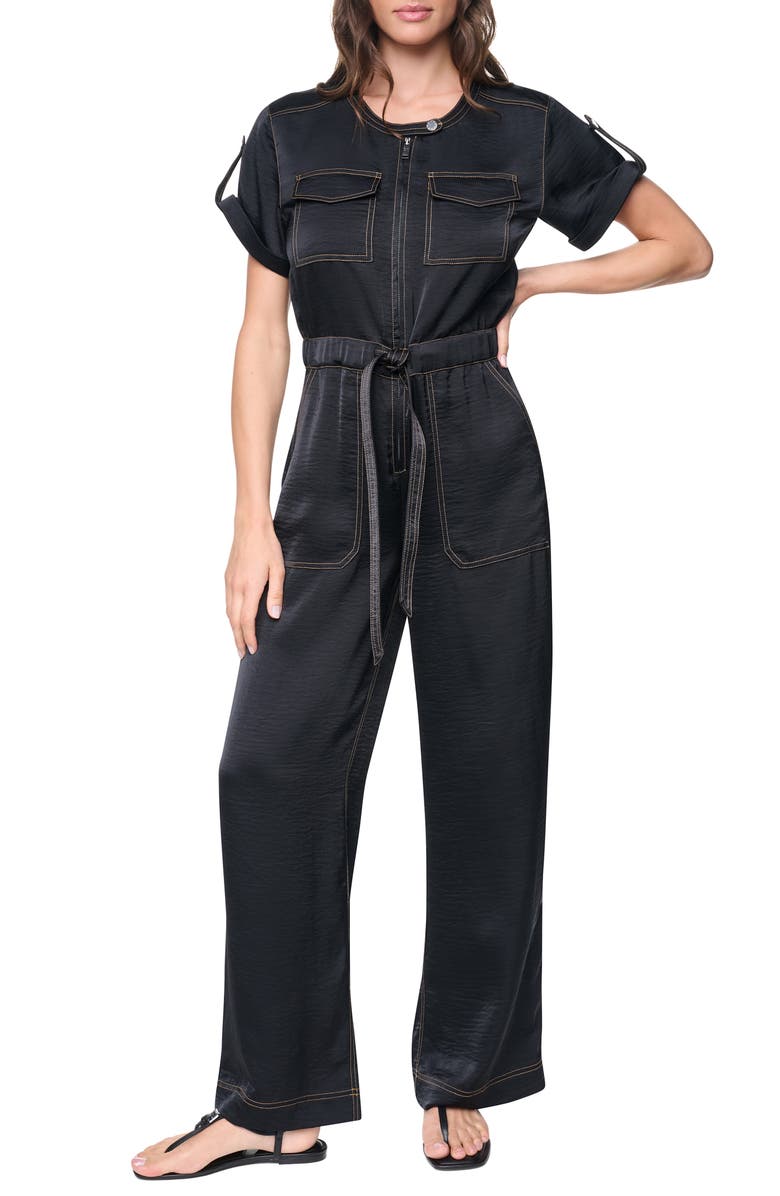 DKNY Drawstring Waist Hammered Satin Jumpsuit, Main, color, Black