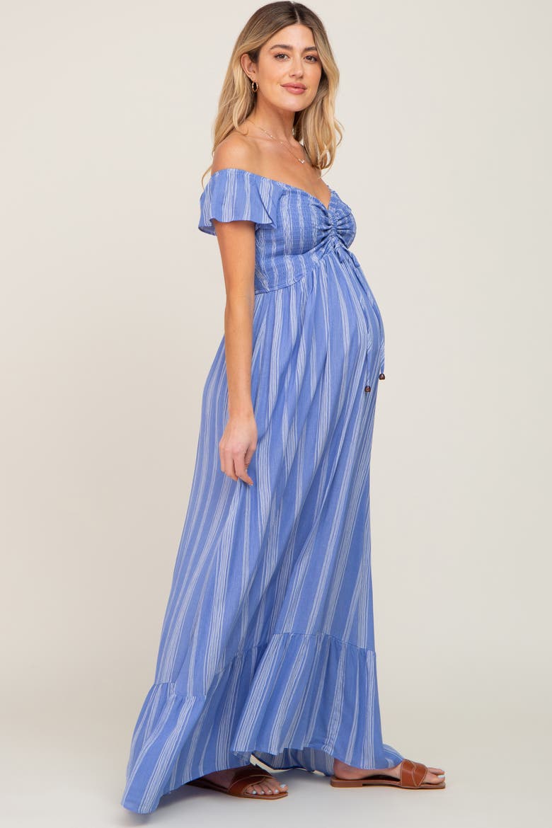 Striped Off Shoulder Front Tie Maxi Dress, Alternate, color, Blue