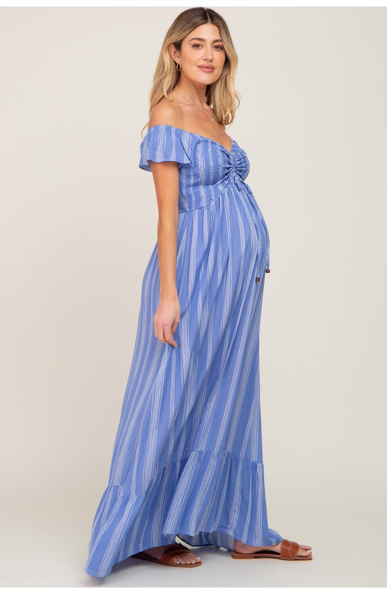 PinkBlush Striped Off Shoulder Front Tie Maxi Dress, Alternate, color, Blue