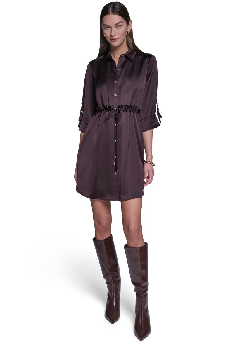 3/4 Sleeve Satin Shirt Dress, Main, color, Rich Mocha