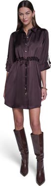HALSTON 3/4 Sleeve Satin Shirt Dress