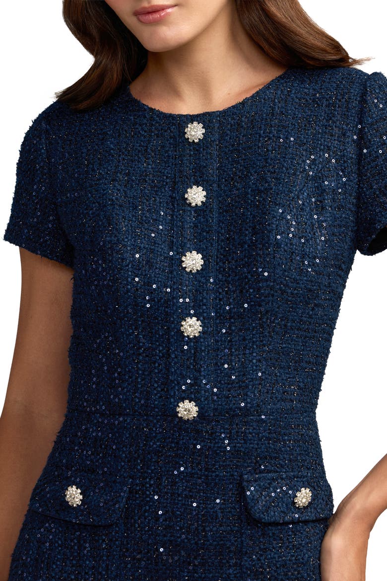 Women's Sequin Tweed Short Sleeve A-Line Midi Dress, Alternate, color, Midnight
