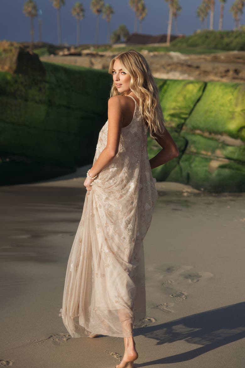 Floral Embellished Mesh One Shoulder Kaftan Gown, Alternate, color, Vanilla