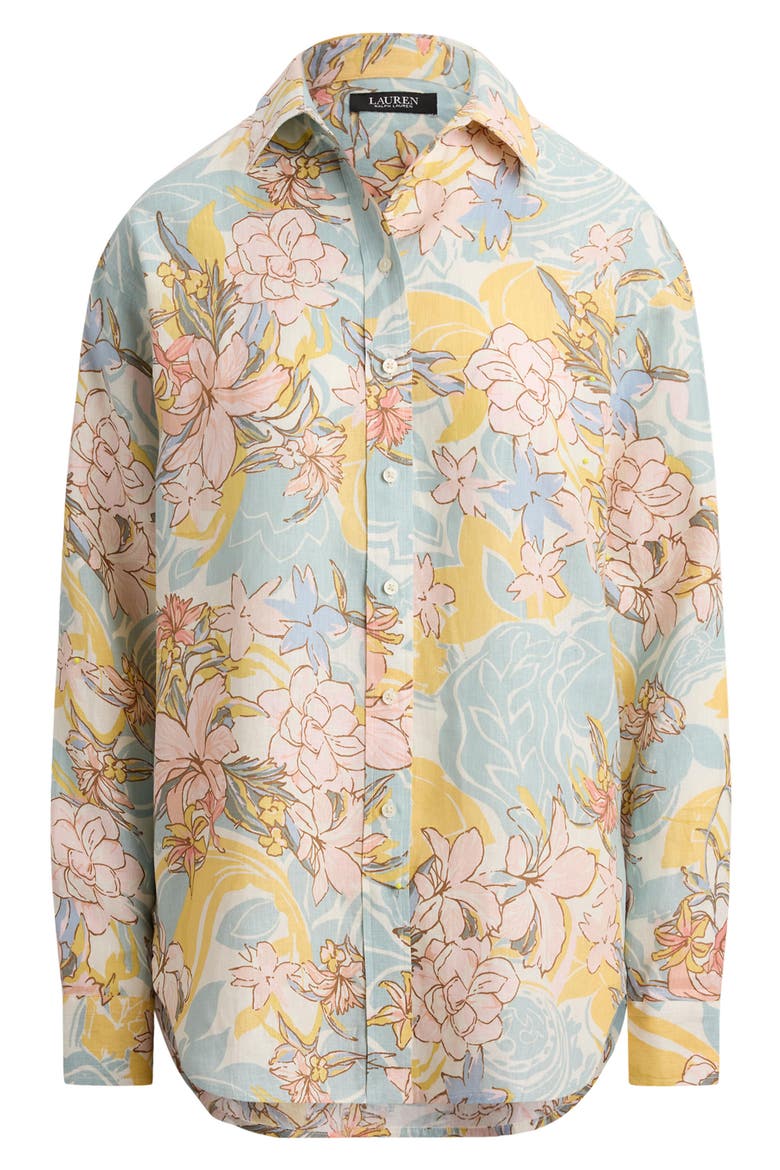 Floral Print Linen Shirt, Alternate, color, CREAM/ BLUE MULTI