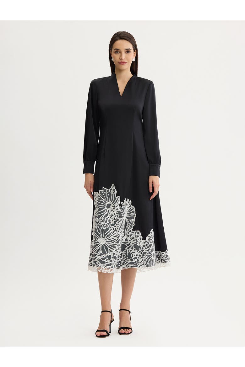 Fit & Flare Lace Crepe de Chine Maxi Dress, Main, color, Black/White