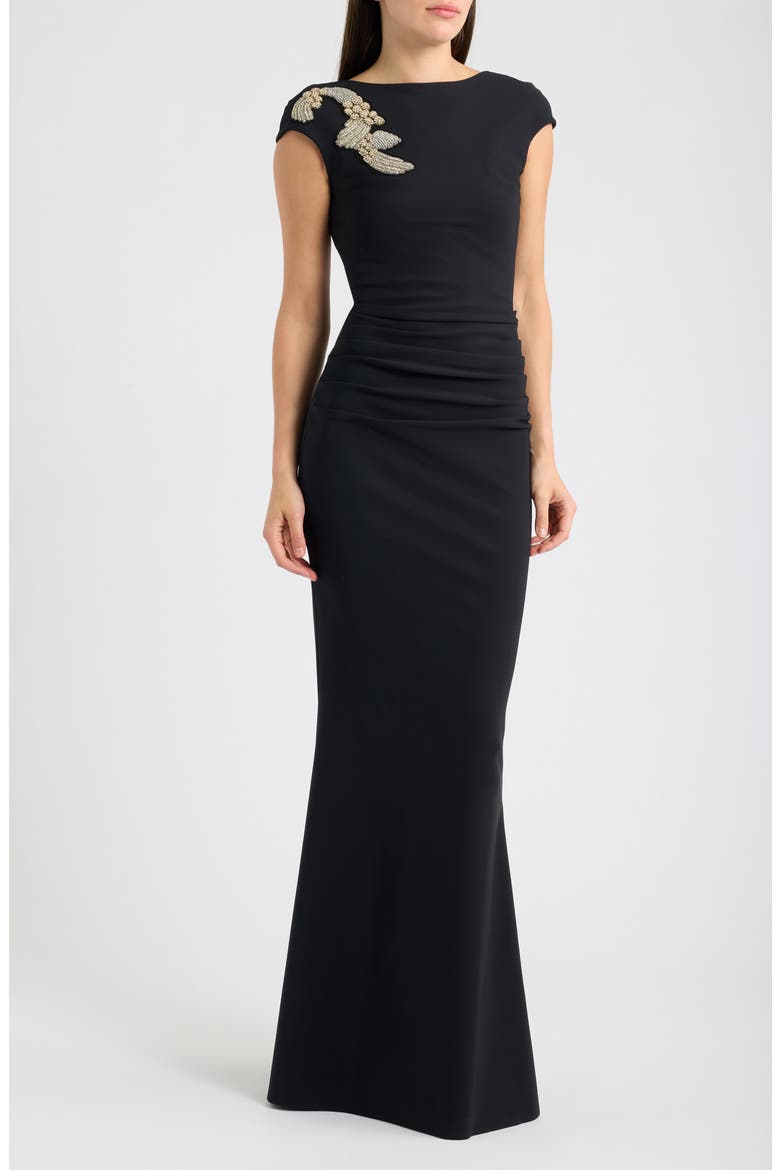 Hesupus Crystal Embellished Ruched Gown, Main, color, BLACK