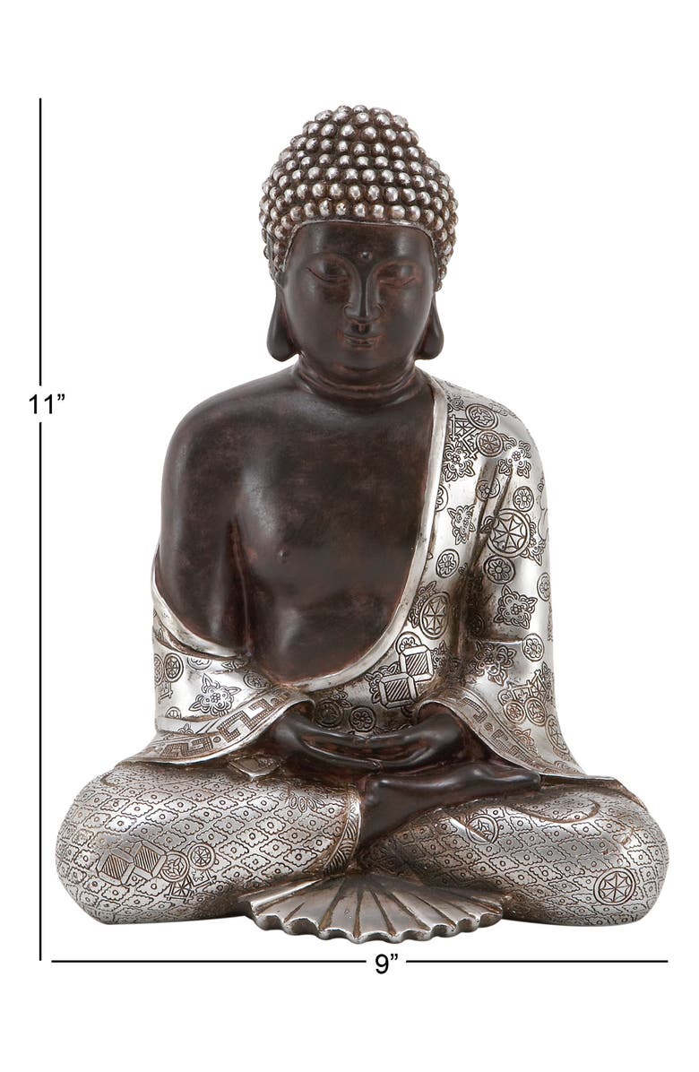 UMA Silvertone Polystone Bohemian Buddha Sculpture with Engraved Carvings and Relief Detailing, Alternate, color,