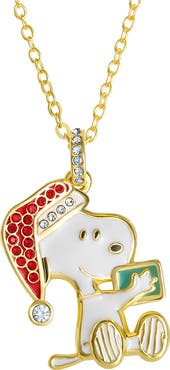 PEANUTS Snoopy Christmas Necklace for Women, Clear and Red Crystals, 16"+2"