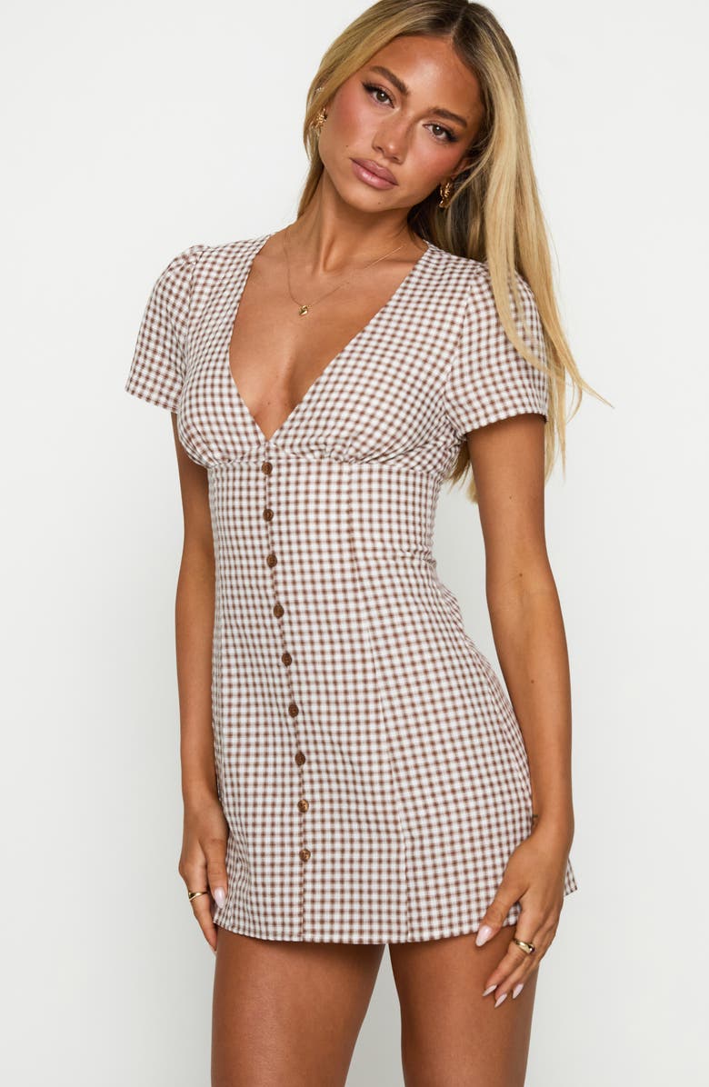 Princess Polly Loveliness Check Skirted Romper, Alternate, color, Brown Check