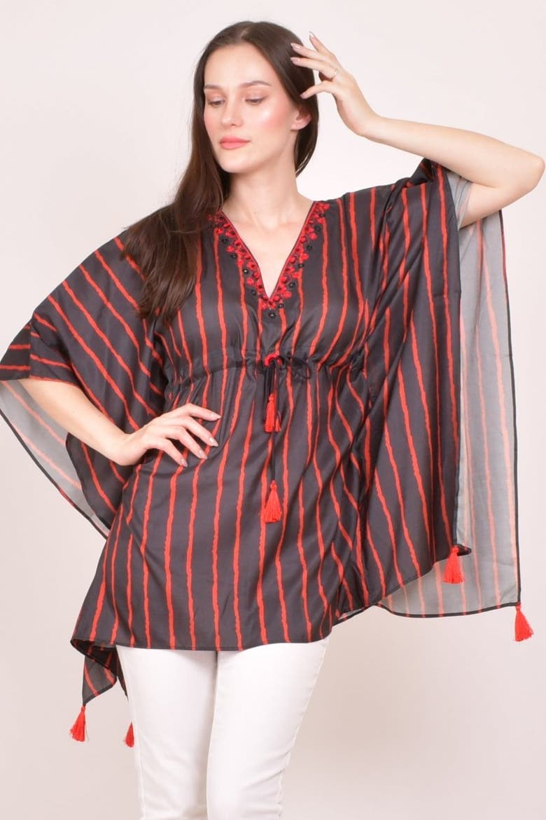 Floral Embroidered Stripe Drawstring Kaftan Top, Main, color, Black