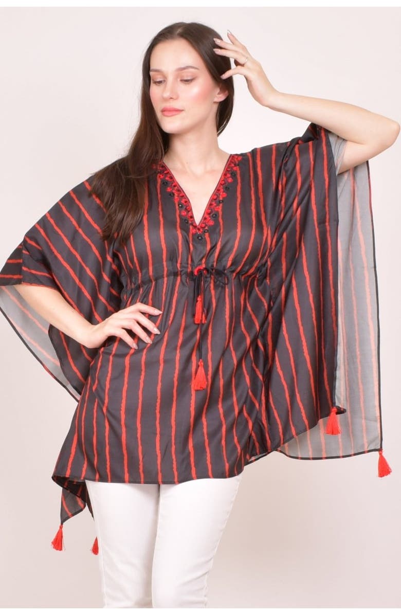 RAAS Floral Embroidered Stripe Drawstring Kaftan Top, Main, color, Black