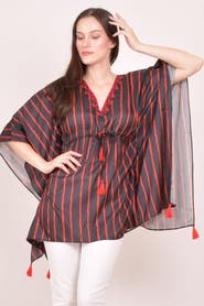 RAAS Floral Embroidered Stripe Drawstring Kaftan Top