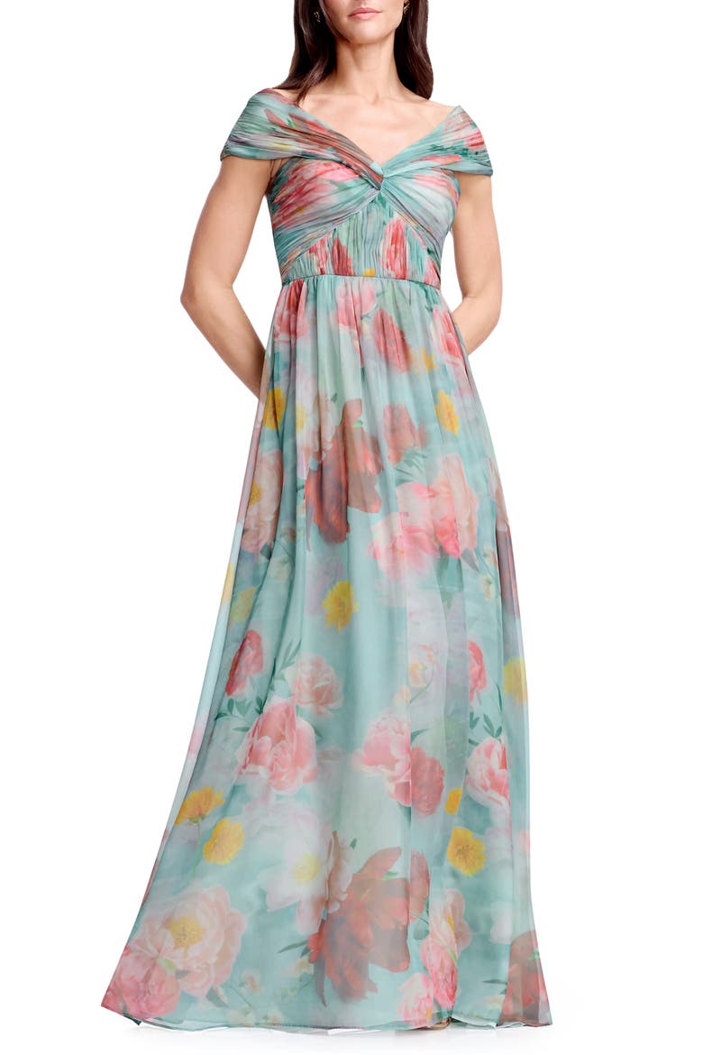 Xyla Floral Off the Shoulder Gown, Main, color, MINT MULTI