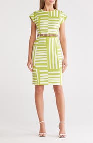 Calvin Klein Stripe Cap Sleeve Belted Sheath Dress