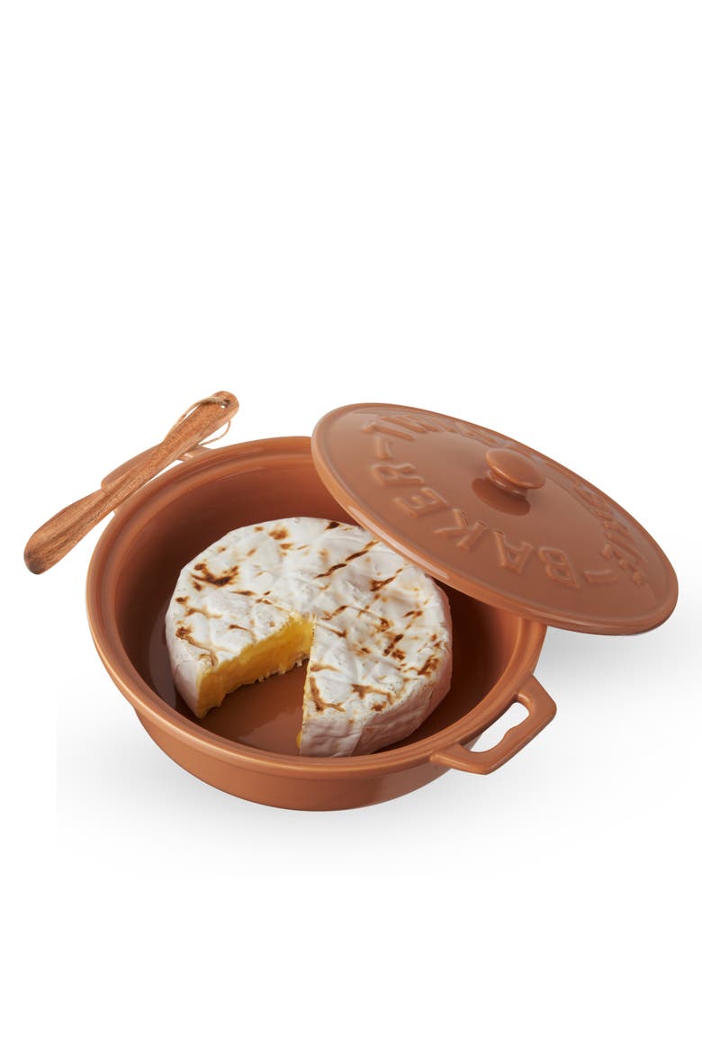 Terra Cotta Brie Baker with Wood Spreader, Main, color, Orange