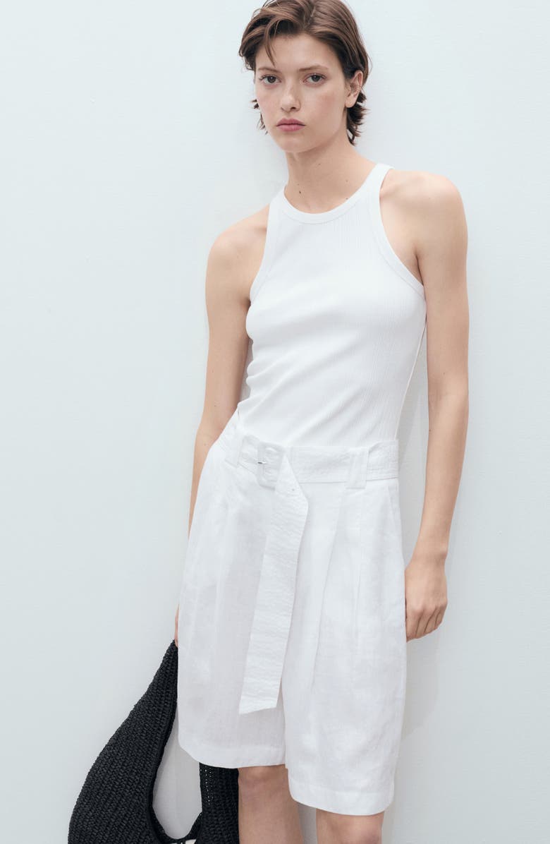 MANGO Belted Linen Bermuda Shorts, Alternate, color, White