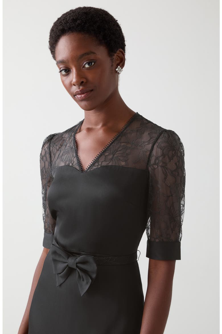 Madalena Belted Matte Satin Midi Dress, Alternate, color, BLACK