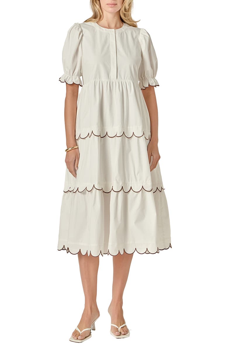 English Factory Contrast Scalloped Trim Cotton Midi Dress, Main, color, Cream/ Brown