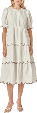 English Factory Contrast Scalloped Trim Cotton Midi Dress