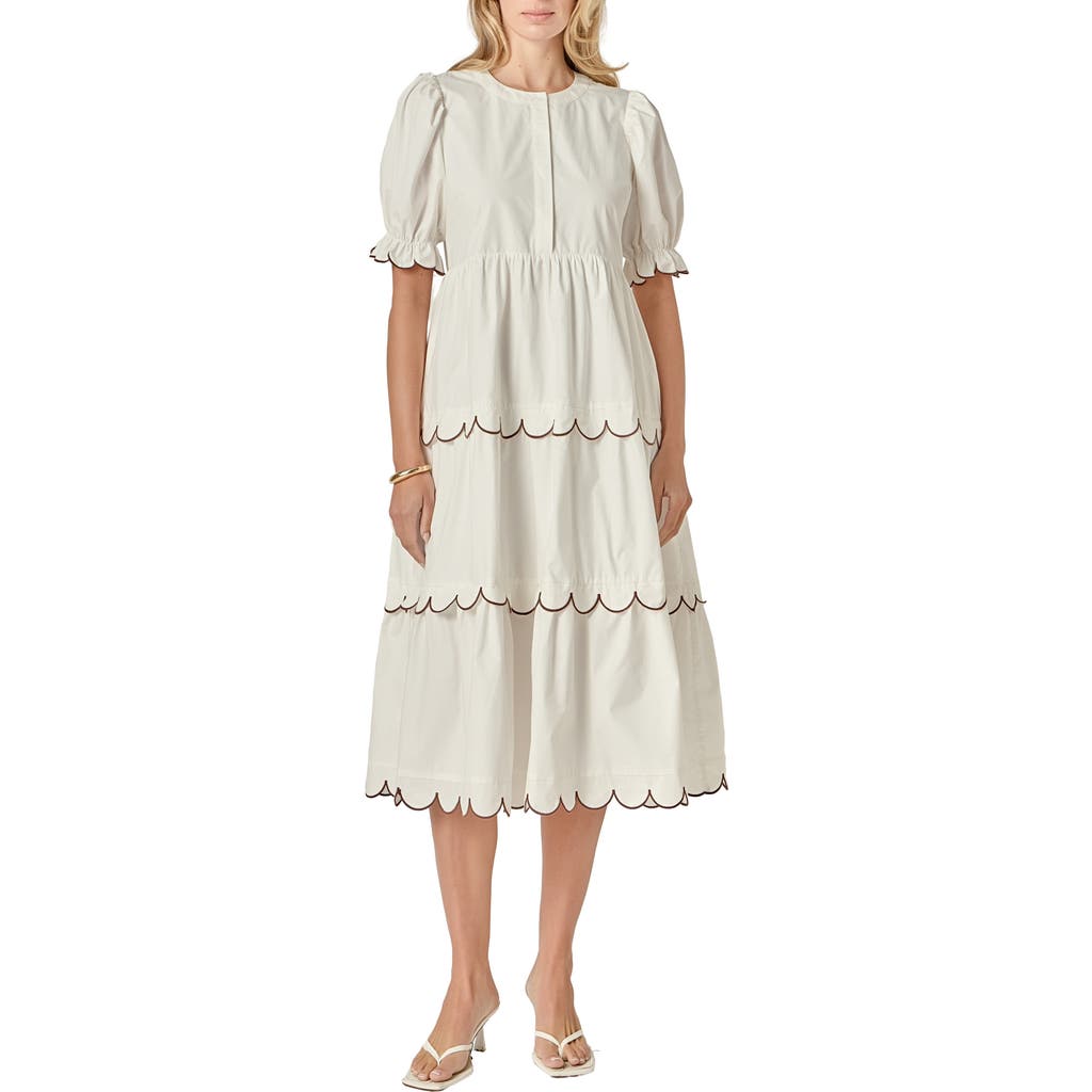 English Factory Contrast Scalloped Trim Cotton Midi Dress In White