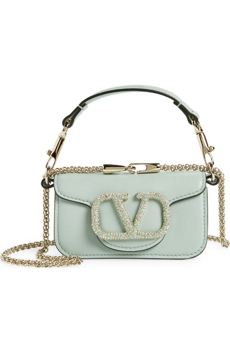 Valentino Garavani Mini Locò Crystal Logo Leather Shoulder Bag, Main, color, Water Green/ Crisolite