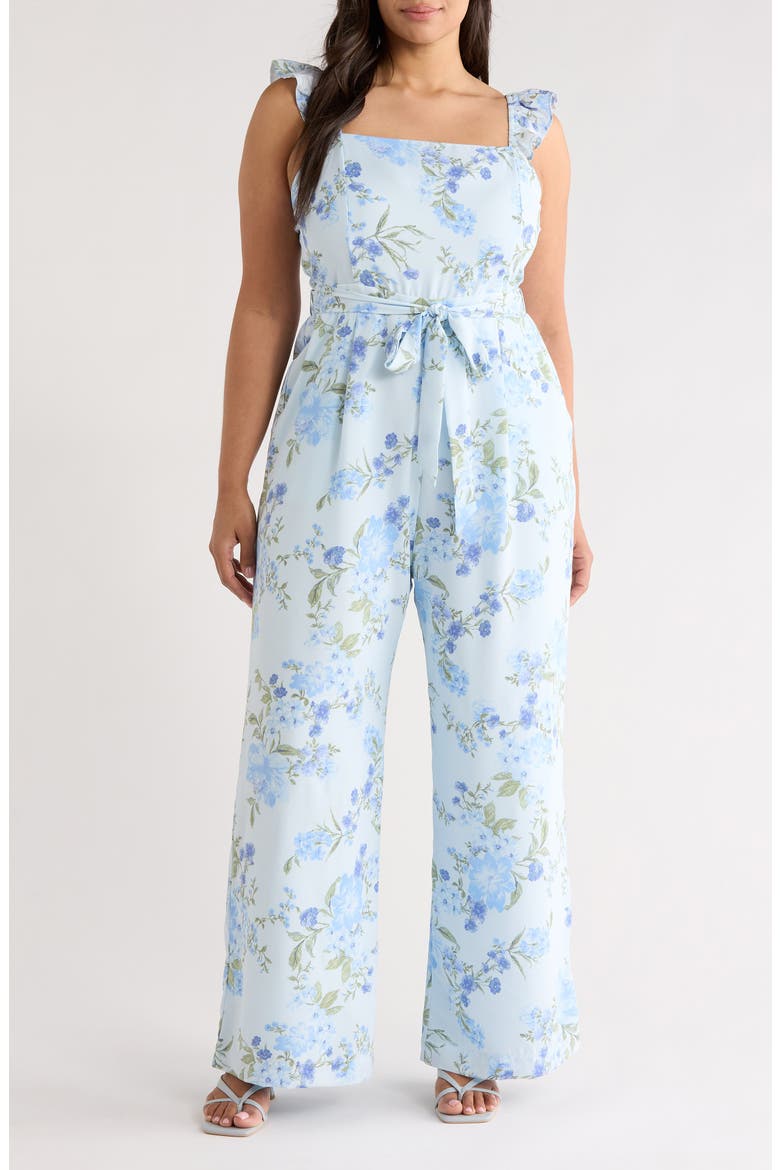 Dusty Floss Floral Flutter Sleeve Tie Belt Jumpsuit, Main, color, LIGHT-BLUE-MULTI