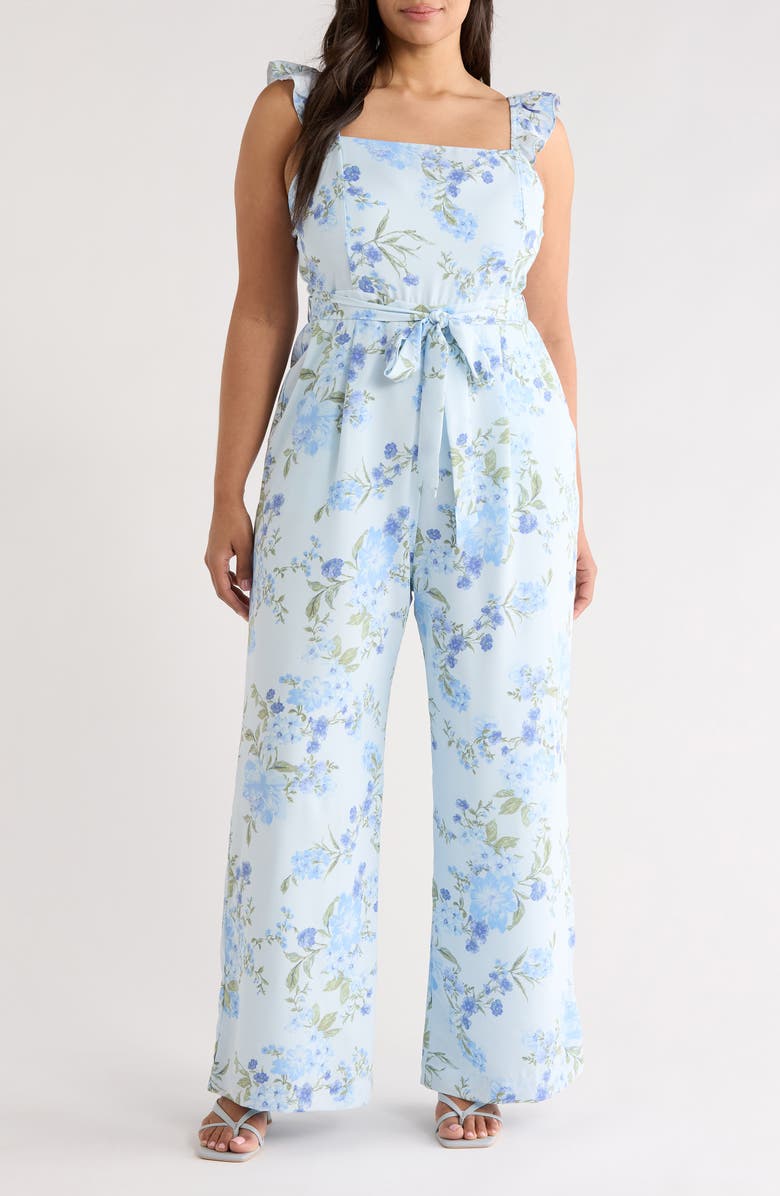 SUGARLIPS Dusty Floss Floral Flutter Sleeve Tie Belt Jumpsuit, Main, color, Light-Blue-Multi