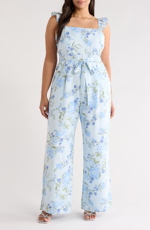 Dusty Floss Floral Flutter Sleeve Tie Belt Jumpsuit (Plus)